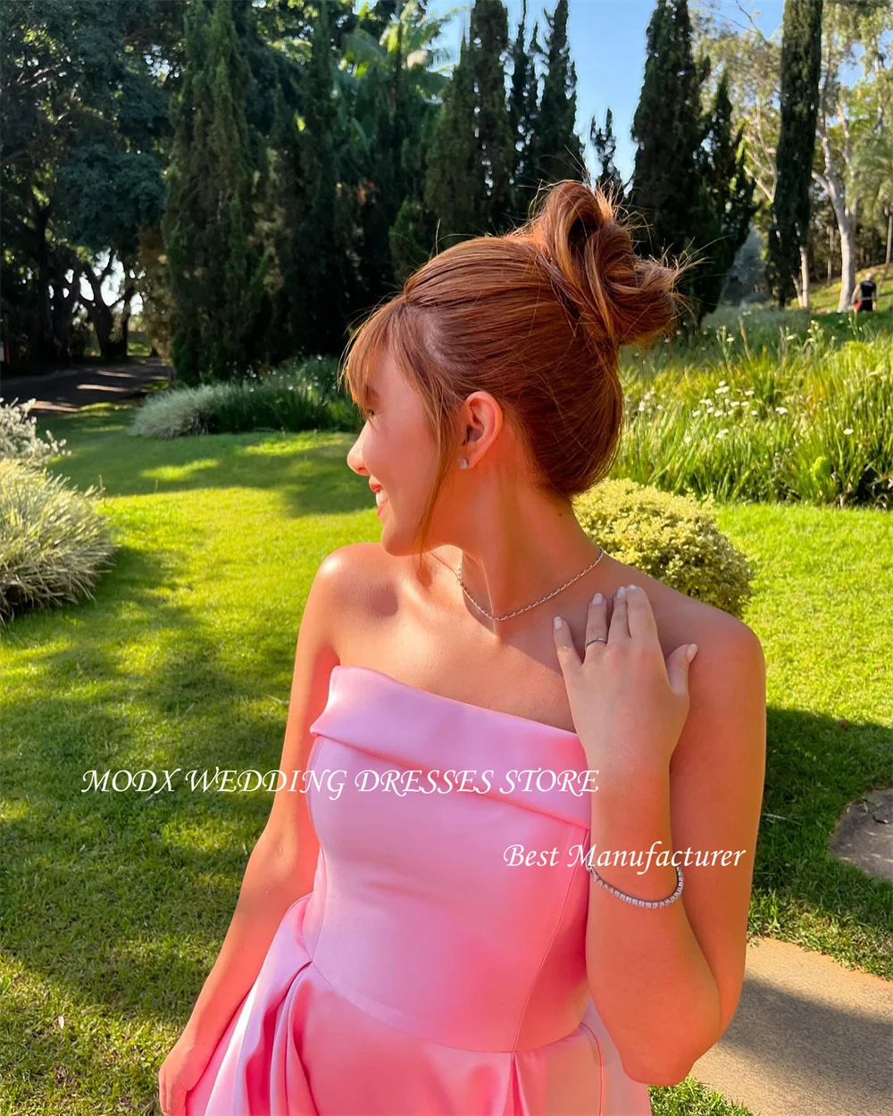 MODX فساتين سهرة وردية أنيقة من الساتان بدون حمالات بدون أكمام بطول الأرض دبي العربية للنساء فساتين مناسبة رسمية للحفلات #3