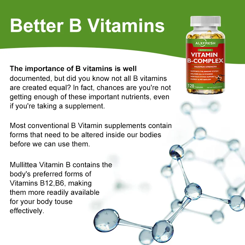 B-Complex Vitamins (B12 B1 B2 B3 B5 B6 B9 Folic Acid &Biotin) Capsule Liver, Immune System, Energy Support Nutrition Supplement