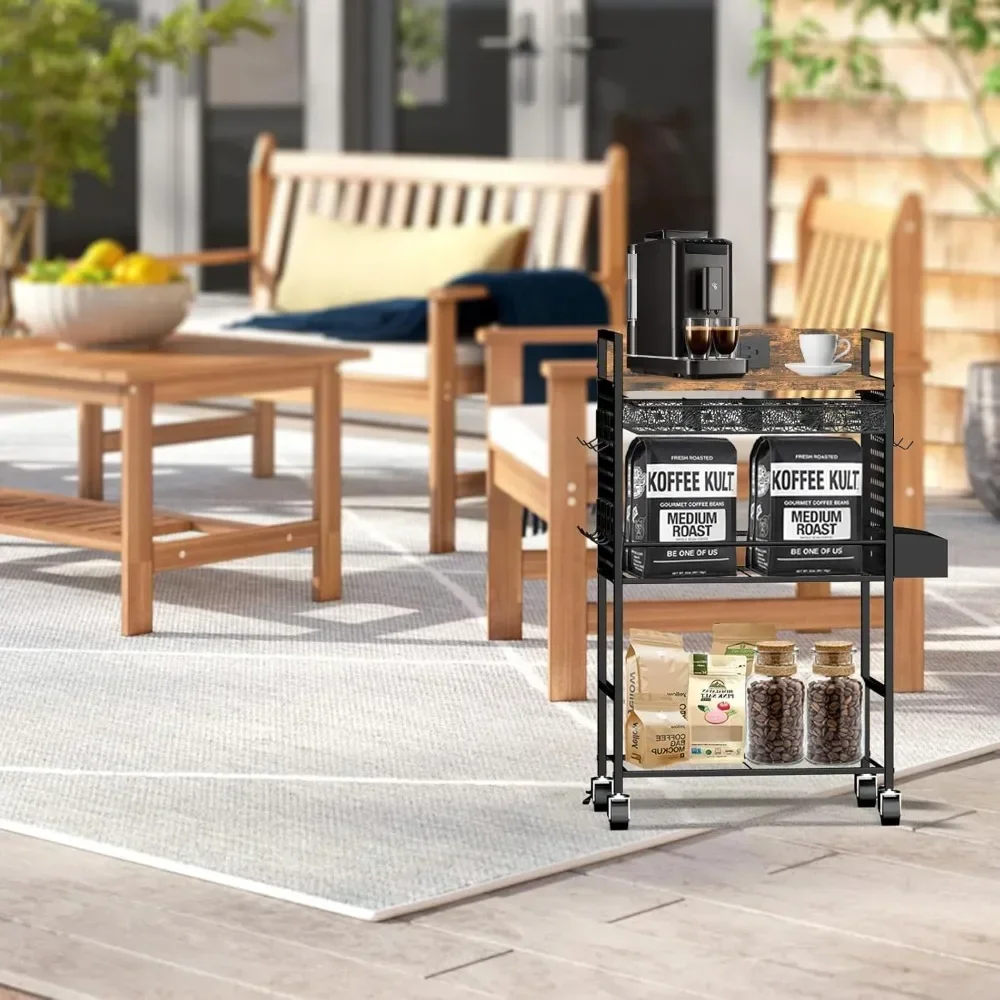 Rustic Brown and Black Compact Coffee Bar Cabinet with Power Outlet, Lockable Wheels, and Storage Drawer for Office or Living Ro