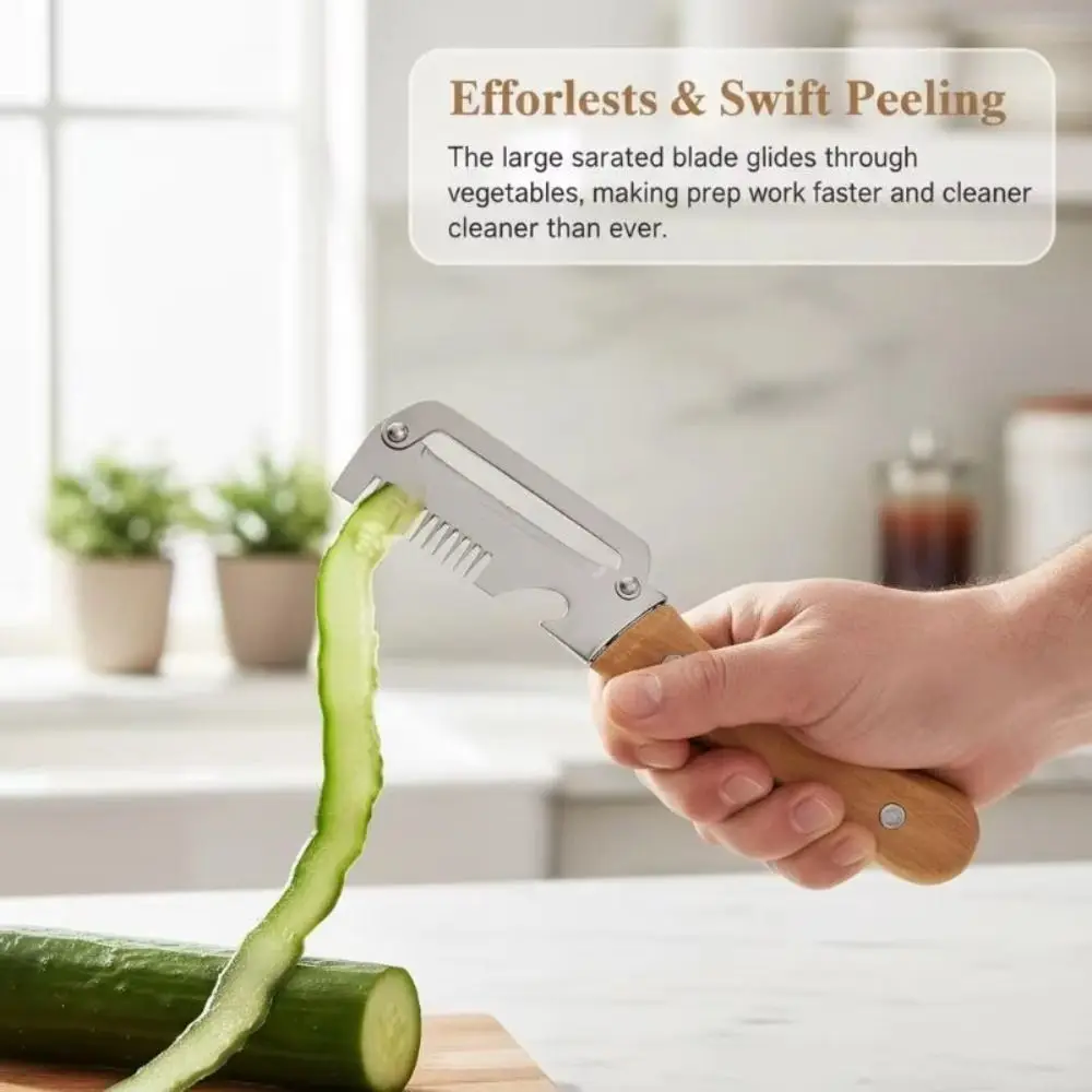 3-in-1 Vegetable Peeler Wooden Handle Stainless Steel Kitchen Shredder with Bottle Opener Peeling Tool for Fruit and Vegetable