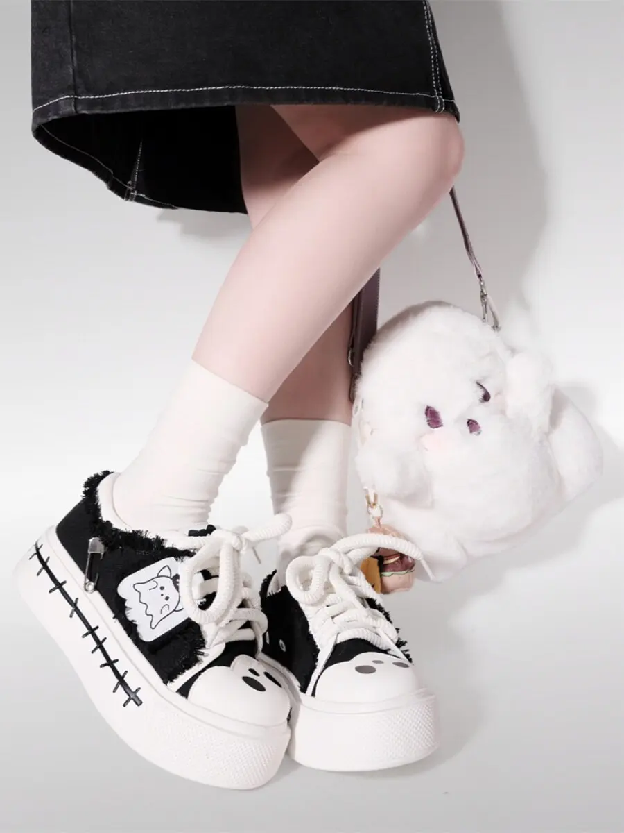 Kawaii Platform Sneakers Women Black White Frayed Edge Safety Pin Decor Cute Paw Print Gothic Lolita Thick Sole Shoes