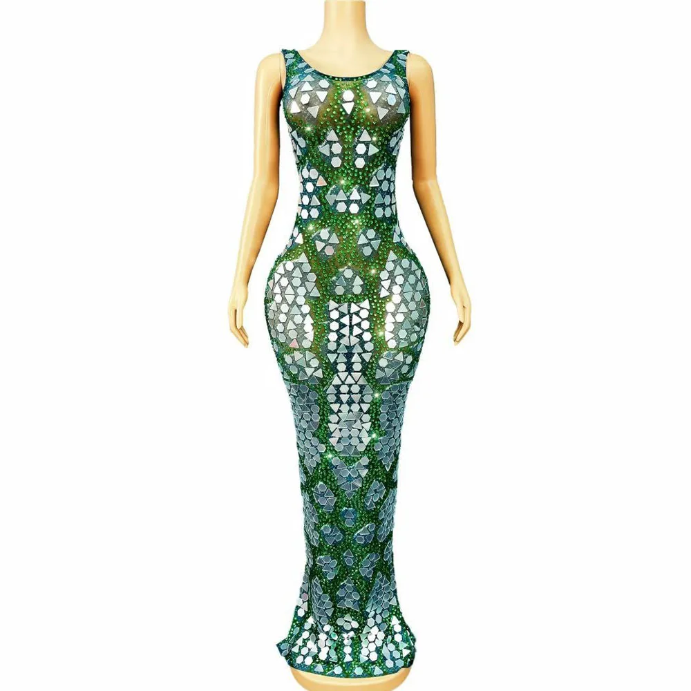 

Sexy Flashing Green Rhinestones Mirrors Cultivation Mesh Dress Women Evening Cocktail Party Gown Red carpet Show Stage Outfit