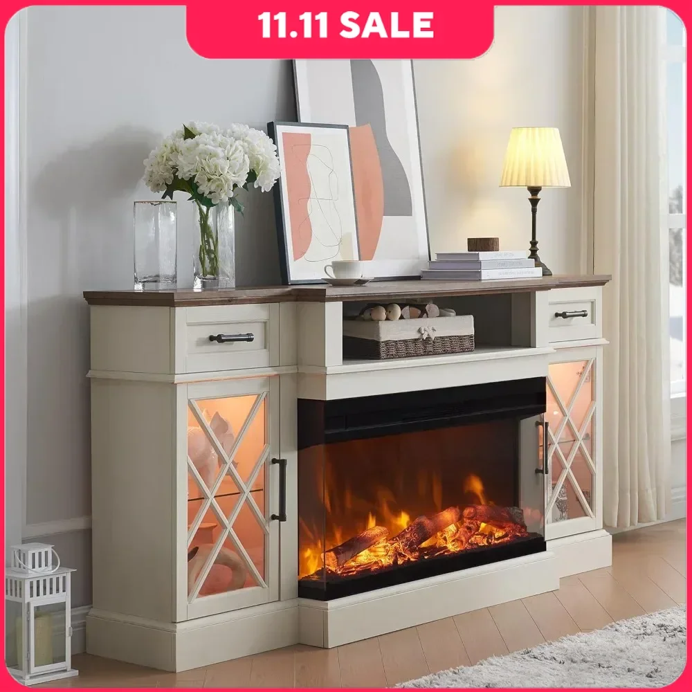 

36" Fireplaces, Farmhouse TV Stand with Fireplace, for TVs Up To 80 in, 3-Sided Glass Fireplace