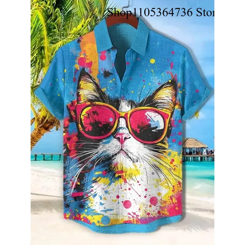 Camisas Engraçadas para Homens com Estampa 3D de Gato Bebendo Cerveja, Camisas Havaianas de Verão para Homens e Mulheres, Blusa de Manga Curta Casual 