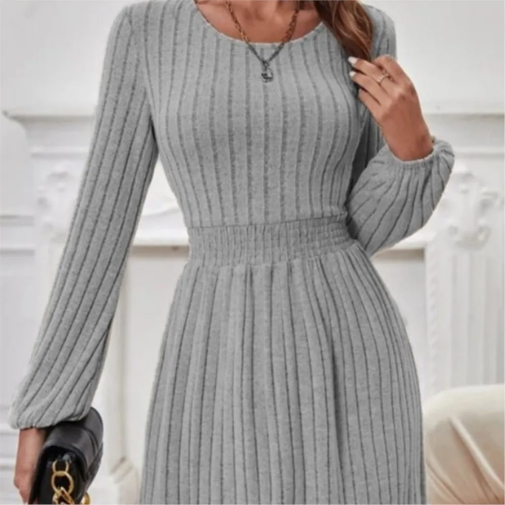 Autumn  Winter New Knitted O Neck Lantern Long Sleeve Women\'s Dresses Fashion Elastic Waist Elegant Female Office Knitted Dress