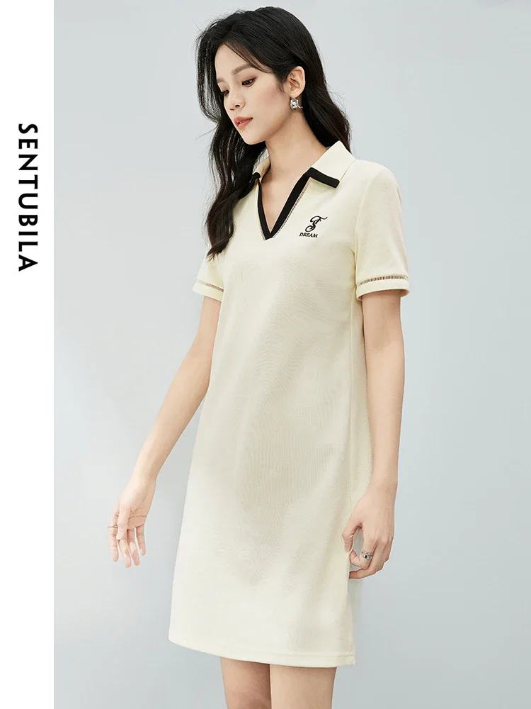 SENTUBILA, vestidos de camiseta de verano para mujer, novedad de 2024, jersey recto de manga corta con cuello en V en contraste, vestido informal para mujer 142L53992