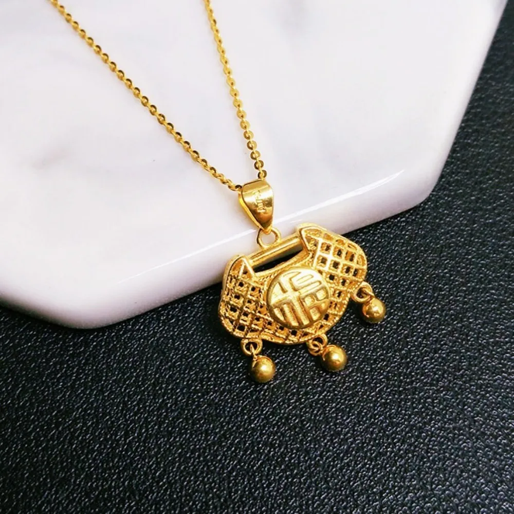 

Real Pure 18K Yellow Gold Lucky Men Women Gift Hollow Characters Fu Lock Bag Pendant 2.05g