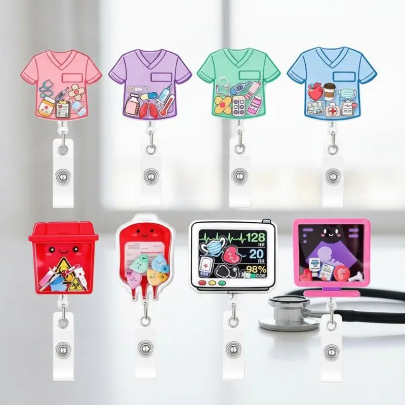 @*Retractable Cartoon Badge Reel for Medical Use 360 Rotating Acrylic Shaker ID Holder for Hospital Staff Gifts