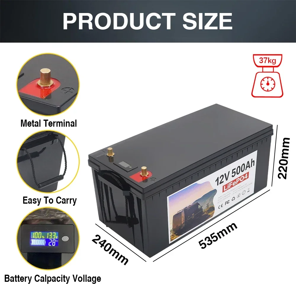 12V Lifepo4 Battery Pack 500Ah Lithium Iron Phosphate Waterproof Cells For Golf Cart RV Solar Energy Storage Inverter Boat Motor