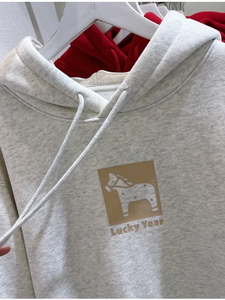 Felpa Coreana Oversize con Cappuccio, Foderata in Pile, Manica Lunga, Stampa Cartoon e Lettere, Casual e Alla Moda per l'Inverno