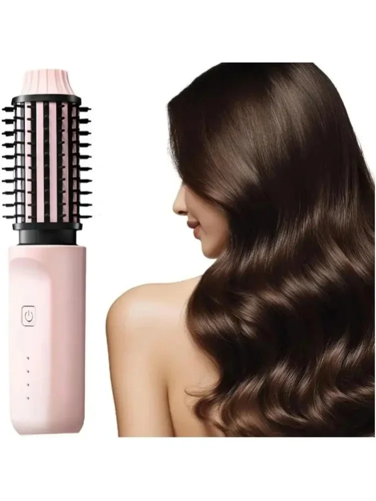 Mini Cordless Curling Iron Brush - Portable Hair Straightening Brush, 4 Heating Levels Fast Heating Hair Curler, 2-in-1 Crimper Hair Tool, Rechargeabl