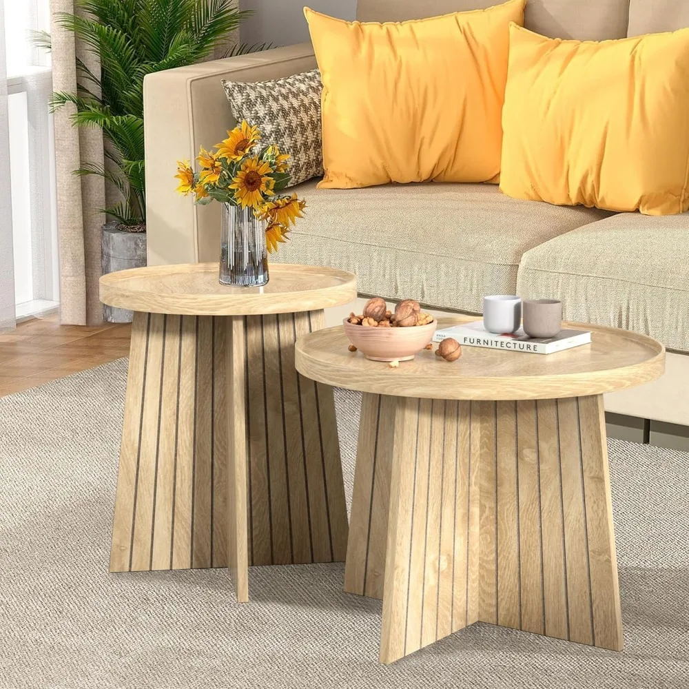 

Round Coffee Table Set of 2, Mid Century Modern Fluted Nesting Coffee Table, Center Tables, Small Round Wood Coffee Table, Side