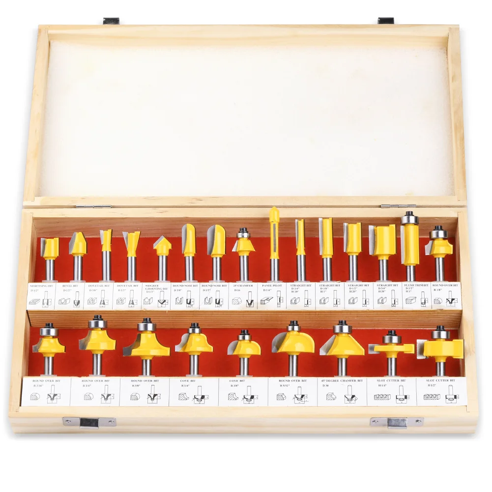 

Набор из 24 фрез для деревообработки: гравировальные, для обработки круглых углов, пазов и кромок, с твердосплавными напайками