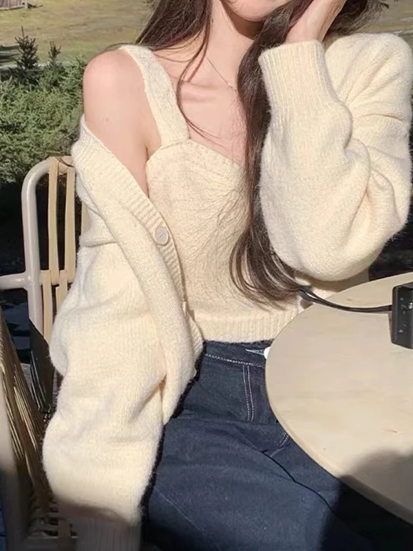 

Women's Pure Color Knitted Sweater Jaet Two-Piece Set Spring Autumn New Sle Gentleman's Soft Fraance Sle Long Sve ...