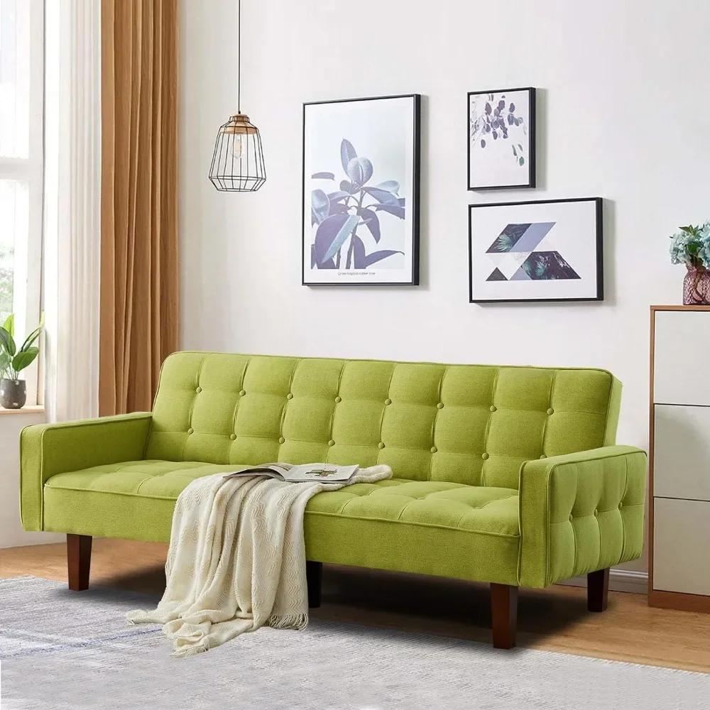 Convertible Futon Sofa Bed, Modern Tufted Loveseat Sofa Sleeper, Linen 3 Seater Couch for Living Room, Bedroom, Apartment, Green