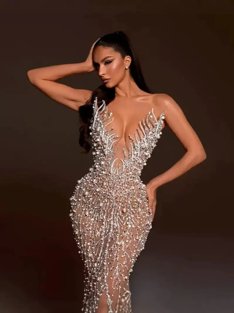 Champagne cristal frisado sereia vestidos de noite com decote em v vestido de baile vestidos formais para mulheres sem costas vestidos longos para ocasiões especiais