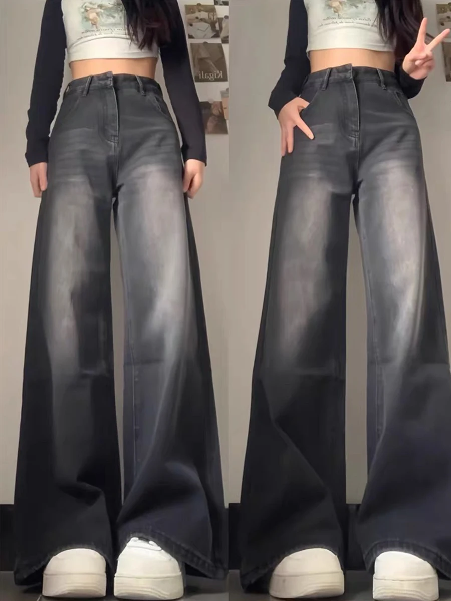 Dżinsy plus size z wysokim stanem, proste nogawki, damskie, wiosenno-jesienne, luźny krój, casualowe, szerokie nogawki, długość do podłogi.