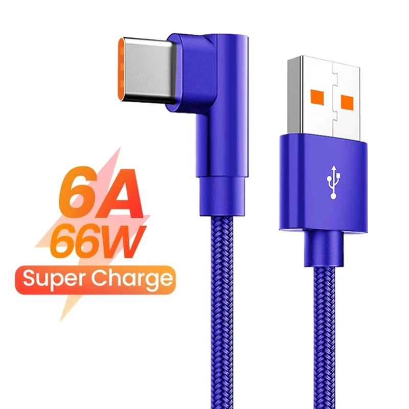 6A 66W Type C USB Fast Charging Cable for Huawei Xiaomi 14 Redmi Honor OPPO Realme POCO 90 Degree Elbow Charger Cable for Gaming