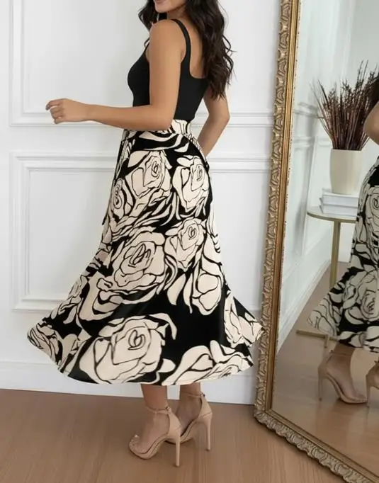 Gonna per le donne 2026 Nuova moda primaverile Colorblock Stampa floreale Avvolgente Gonna con lacci Gonna lunga casual con orlo asimmetrico