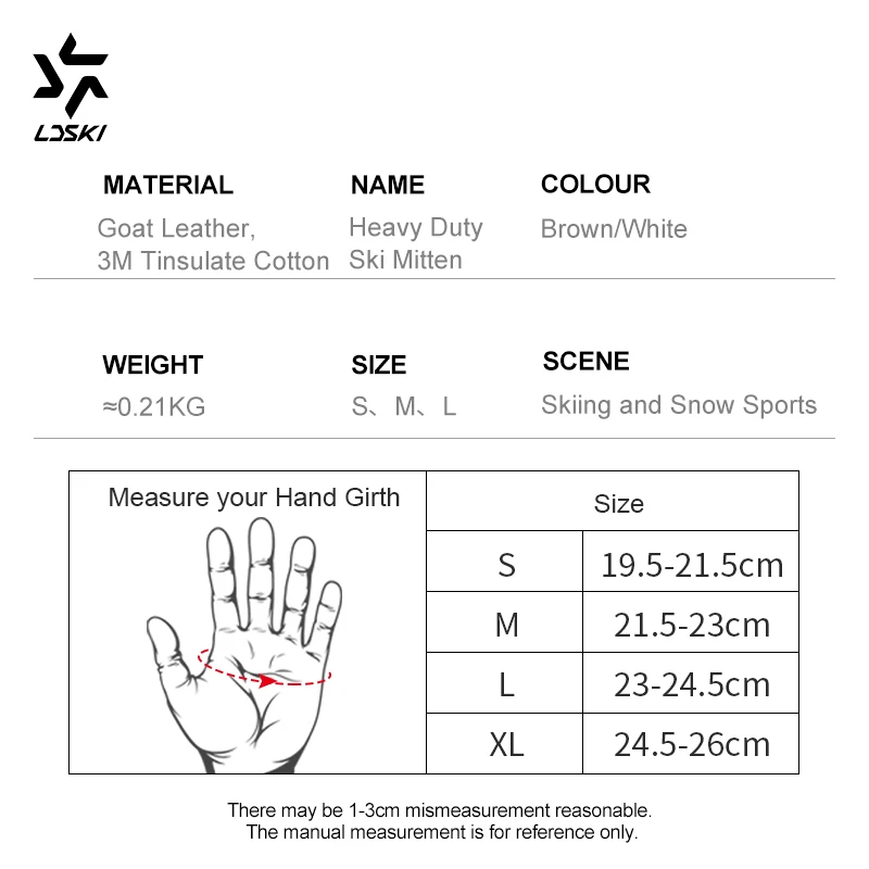 LDSKI Ski Gloves Three-Finger Heavy Duty Winter Warm Mitten Women Men Waterproof Goat Leather Thermal Protective 3M Thinsulate