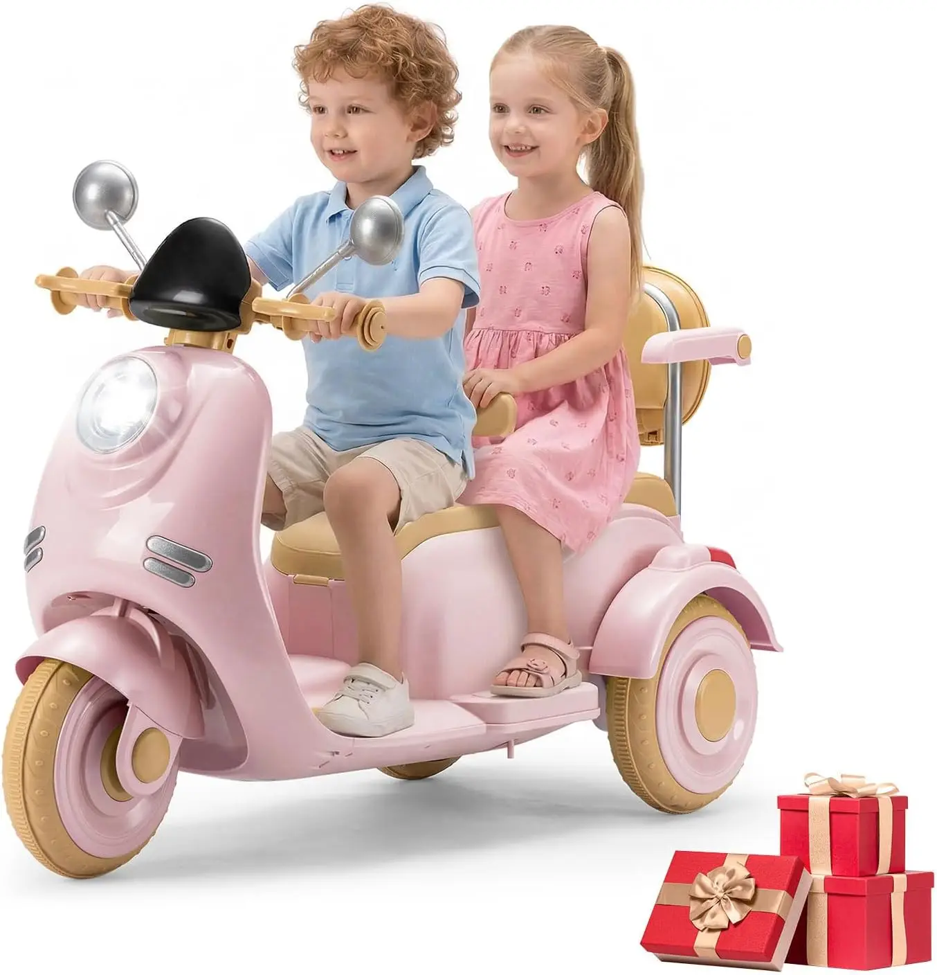 12V Kids Electric Motorcycle, 2-Seater 3-Wheel Ride On Toy with Rear Storage Box, Bluetooth & USB Music, Simple-to-Operate Toddler Motorbike, Indoor/Outdoor All-Terrain Scooter for Girls