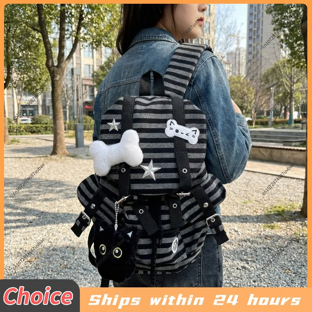 Vintage Striped Backpack Large Capacity Versatile  Bag Multi-Pocket Casual Stripe Bookbags Travel Vacation Backpacks