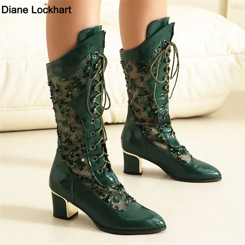 

Spring Vintage Women Victorian Boots Lace Up High Heel Bootie cross straps Princess Sequins Lace Hollow Out Party Costume Shoes