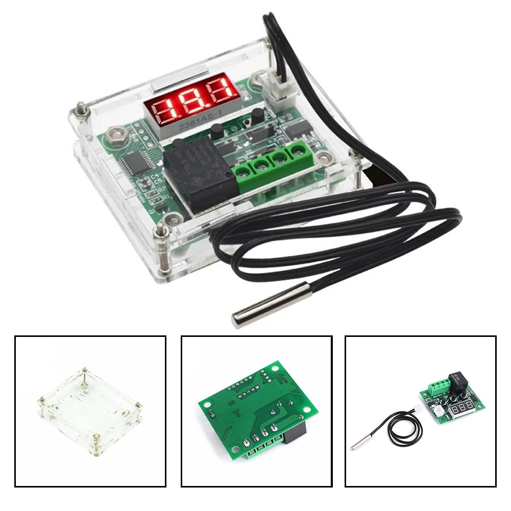 하우징 온도조절기 스위치 방수 센서 포함 LED 디지털 온도조절기, W1209 온도 컨트롤러, 12V, 4 개