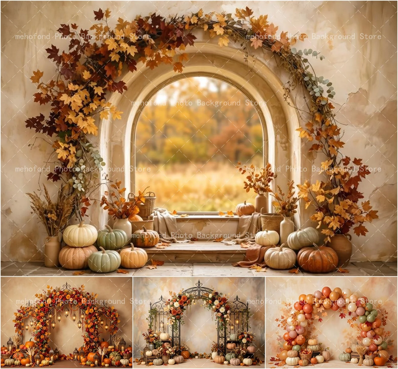 Mehofond Autumn Arched Door Simple Pumpkin Maple Leaf Photography Background Kids Birthday Family Portrait Photo Decoration
