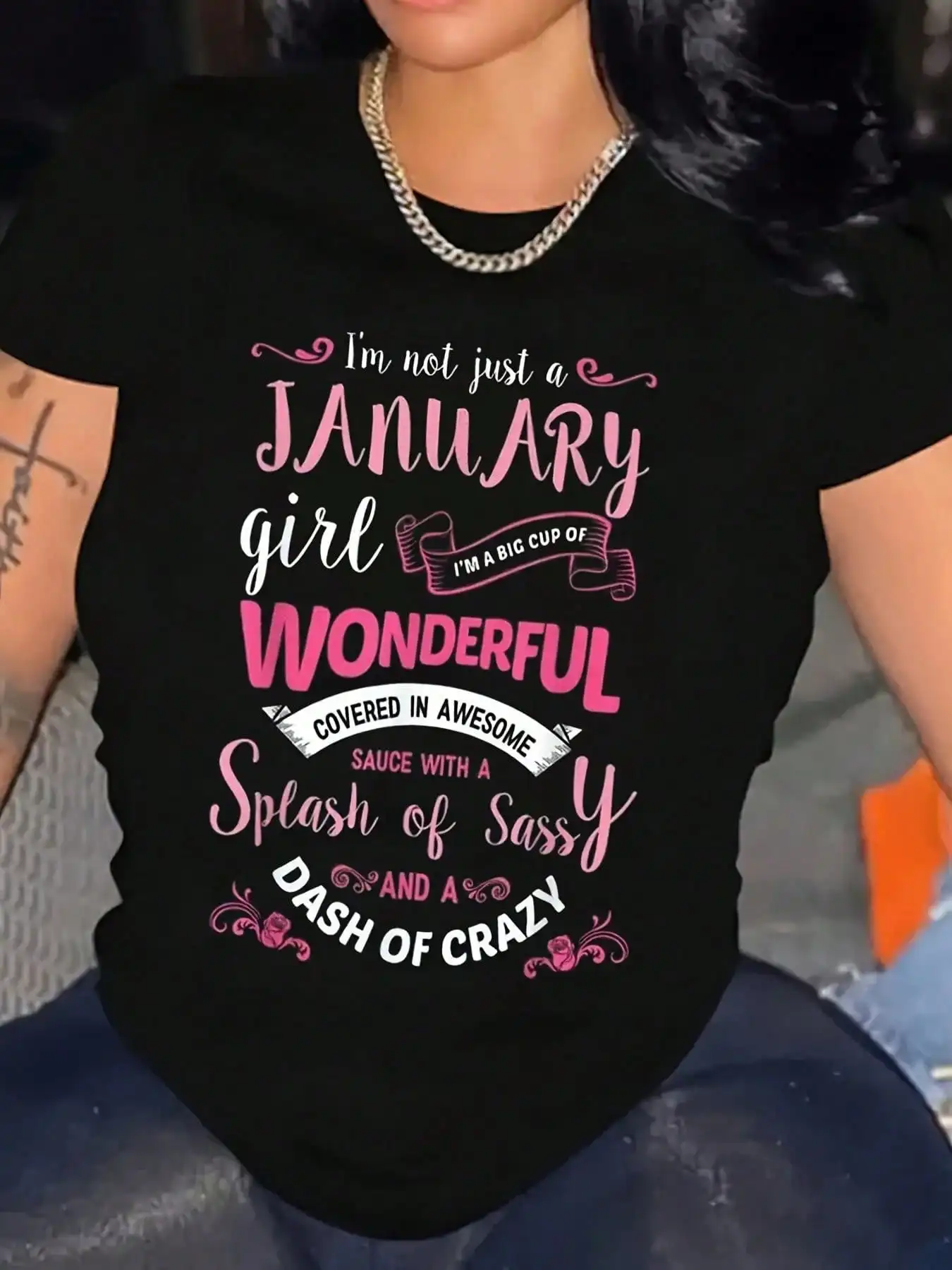 

"January Girl" Birthday Tee - Vibrant & Playful Graphic, 100% Crew Neck, Short Sleeve, Casual Round Neck - Machine Washable