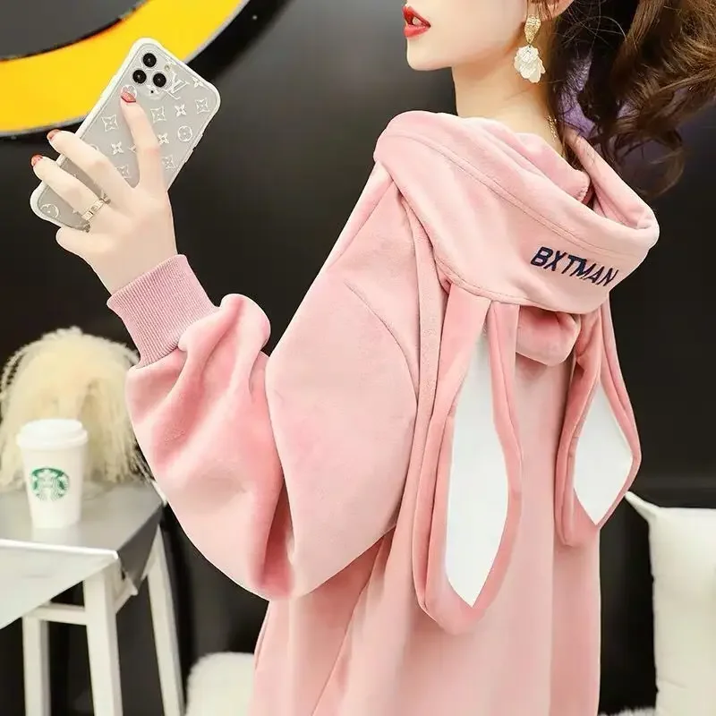 Autumn Sweet Women Hoodies Korean Style Fashion Cute Rabbit Ears Hooded Pullovers Loose Long Sleeve Kawaii Sweatshirts Female