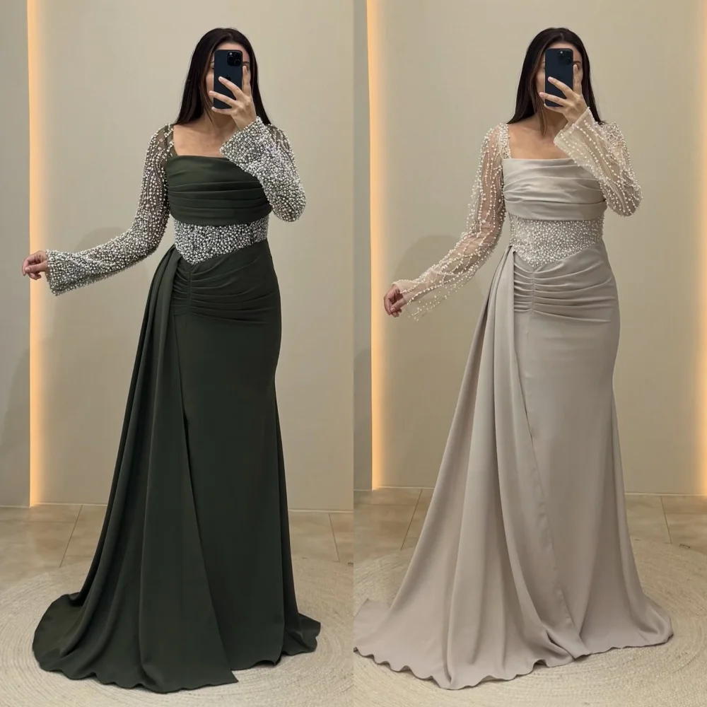 

Customized Glitter Women Evening Dress Pleat Beading Bespoke Occasion Square Neck Trumpet Long Dresses Elegant Party Wedding