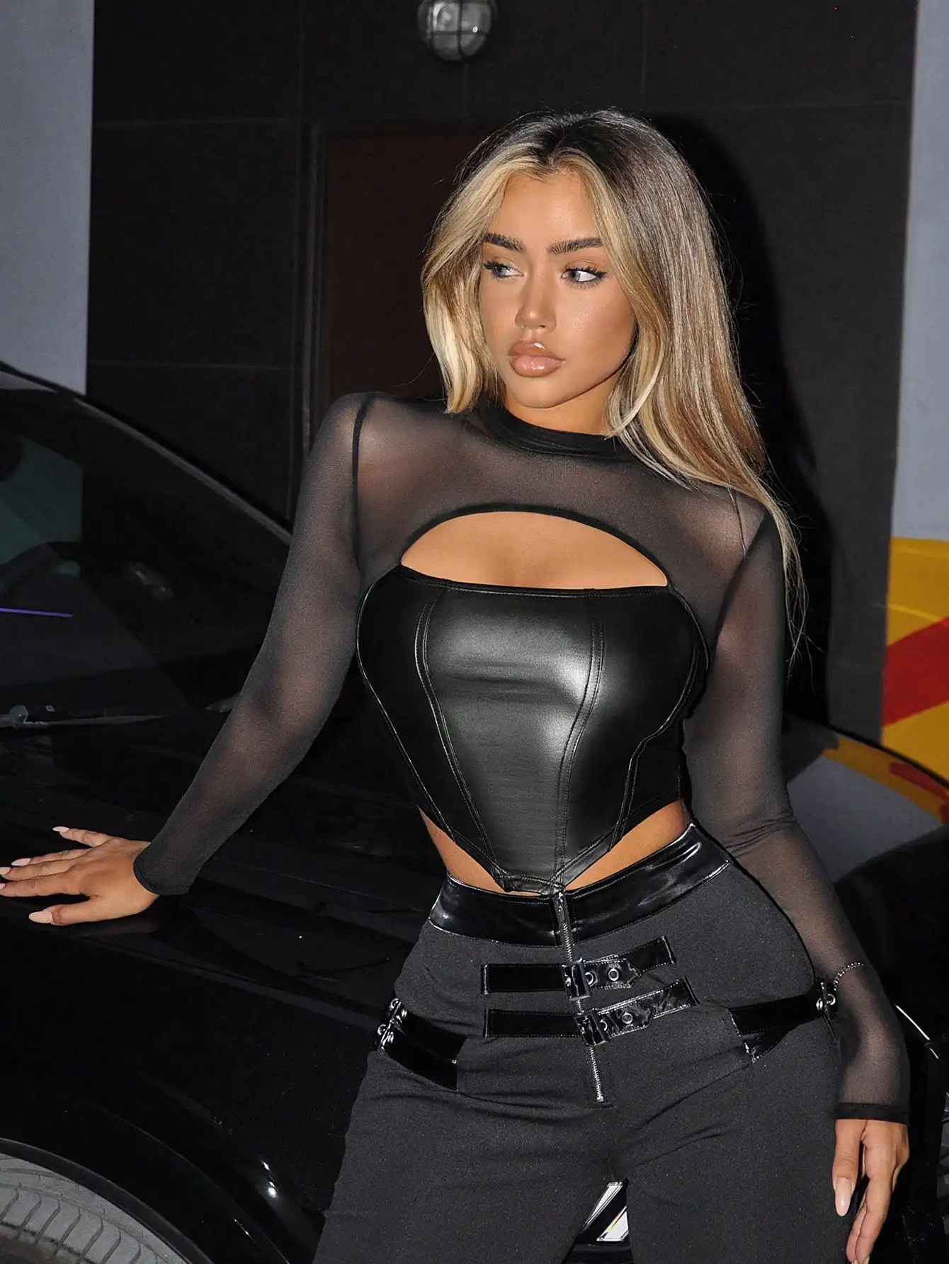 

Women's Sexy Mesh Long Sleeve Top with Faux Leather Corset Cutout Design for Rave Festival Night Out