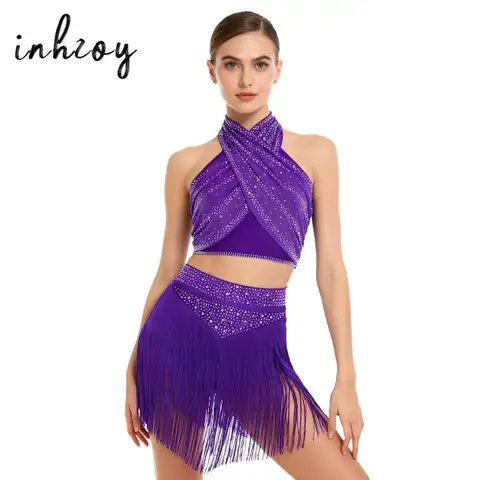 Womens Tango Latin Dance Outfit Halter Sleeveless Backless Crop Top+Tassels Skirt for Ballroom Jazz Chacha Salsa Dance Costume