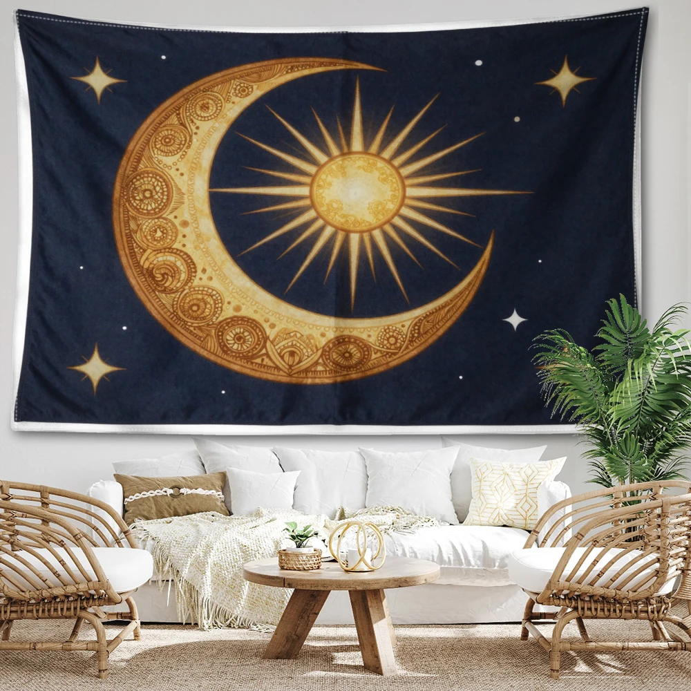 Navy Blue Star Moon Starburst Printed Tapestry Wall Hanging Bohemian Style Bedroom Home Decor