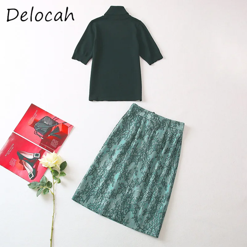 Deloach Spring/Summer New Women's High Collar Five Sleeve Knitted Top Medium Long Lace Composite Satin Small A-line Skirt Set