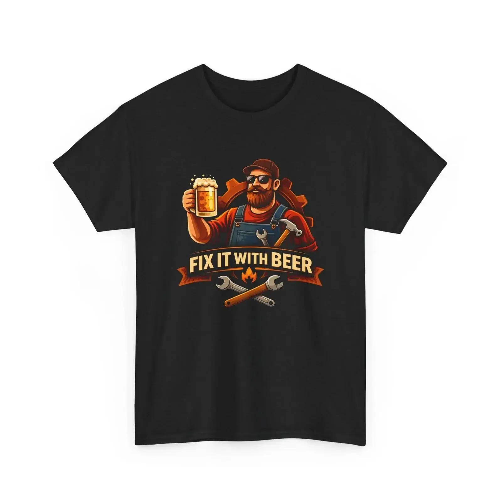 Футболка с надписью «Fix It With Beer»: забавный принт с механиком, пивным кружком и гаечным ключом, винтажный стиль, повседневная уличная одежда, мягкая модная одежда.