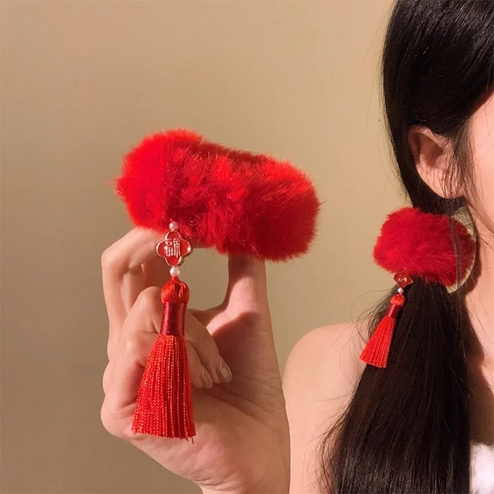 

2 шт. Новогодние красные плюшевые резинки для волос в древнем стиле, универсальные, с кисточкой, китайские детские резинки для волос, эластичные, для девочек