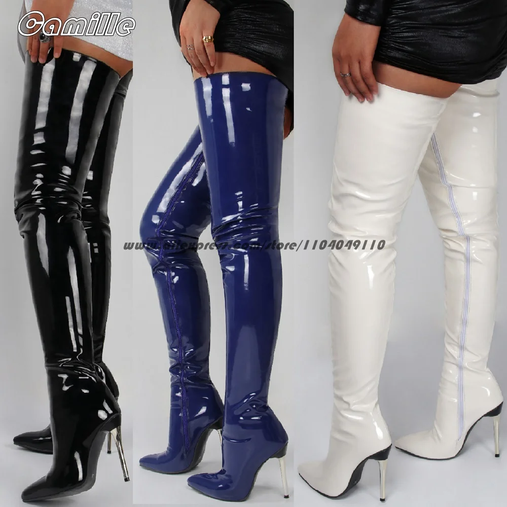 

Pointed Side Zipper Patent Leather Over-The- Knee Boots Size 34-46 Catwalk Style Thigh Boots 11CM Heel All-Match Sexy Boots