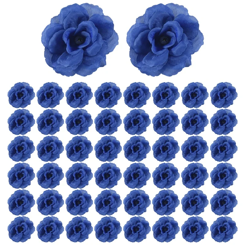 A013 Artificial Flowers Silk Rose Flower Heads,50Pcs for Hat Clothes Album Decoration, Wedding Decoration (Dark Blue)