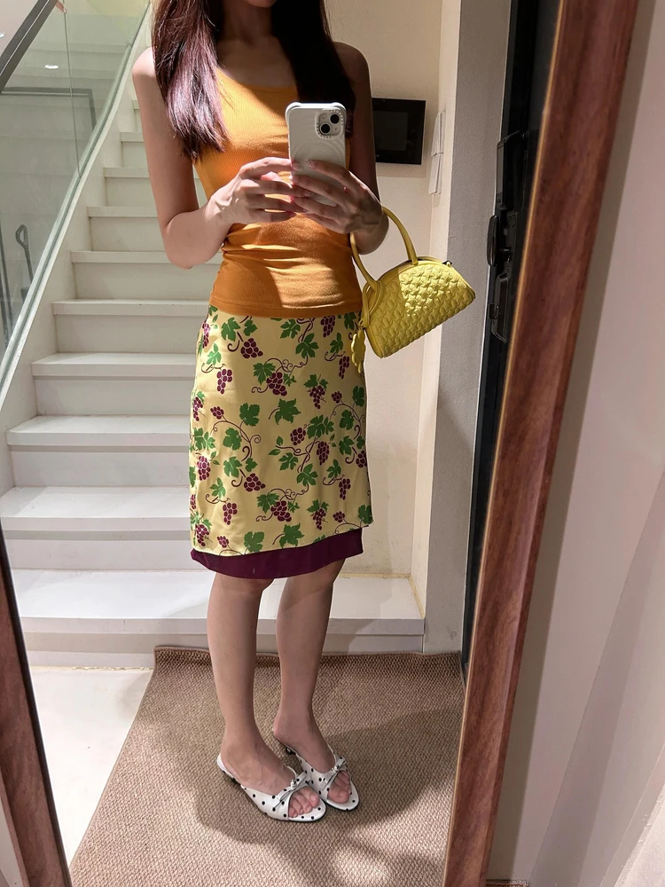 

American Style Retro Grapevine Side Slit Midi Skirt Women's Summer Straight Print Holiday Half-length Skirt High Waist A-line