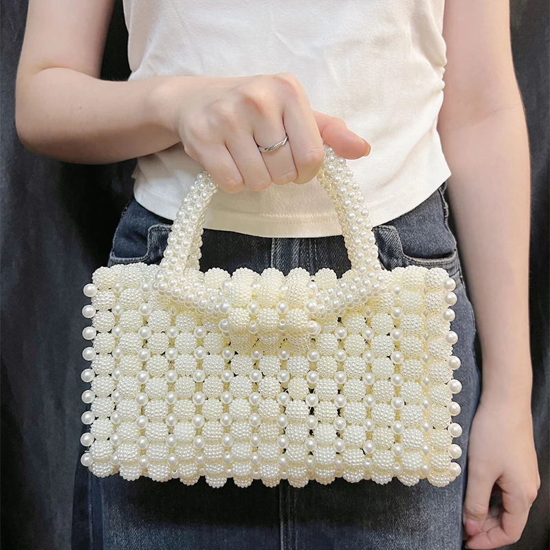 Novel Temperament French Hand Woven Imitation Pearl Bead Fashionable and Elegant Homemade Bead Simple and Versatile Handbag