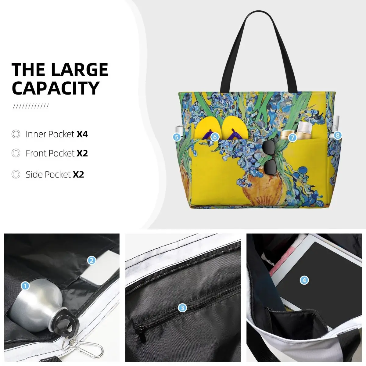 Vincent Van Gogh Irises Art Flowers Beach Tote Bag Sport Gym Yoga Duffle Large Tote Bag Women Travel Bag Fitness bag