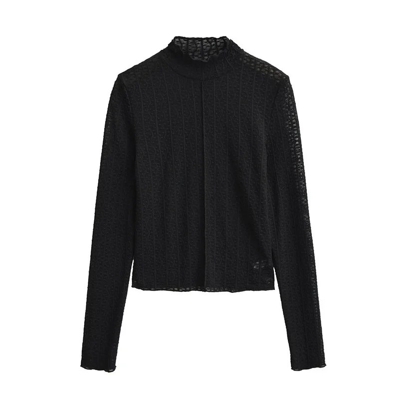 Women's Stand Collar See-Through Lace Base Shirt Elegant Thin Texture Long-Sleeved Inner Matching Top Hot Girl T-Shirt