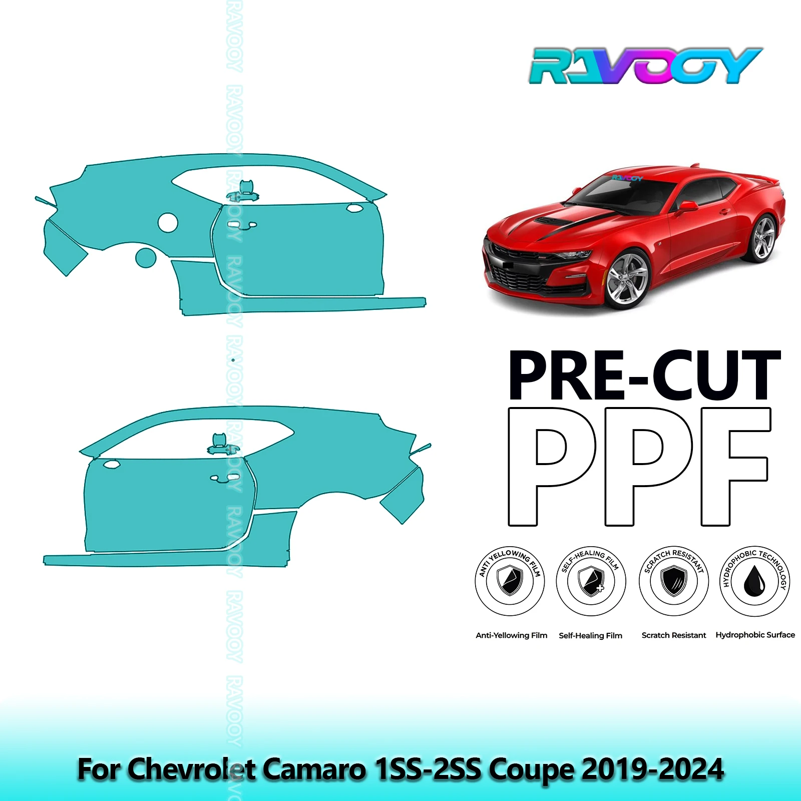

For Chevrolet Camaro 1SS-2SS Coupe 2019-2024 8.5mil Clear Matte Pre-Cut PPF Door & A/B Pillar Kit TPU Paint Protection Film Set
