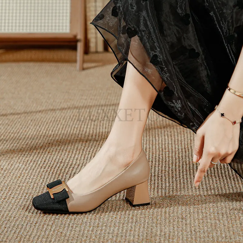 Metal Buckle Leather High Heels Spring Autumn Cowhide Women\'s Shoes Soft Comfortable Work Shoes Pumps