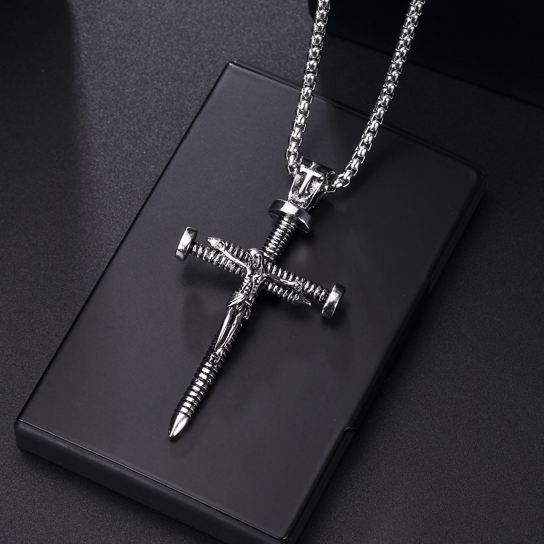 Hip-hop Vintage Screw Cross Pendant Necklace for Men Women Jesus Christ Necklaces Punk Street Jewelry Gift image 3