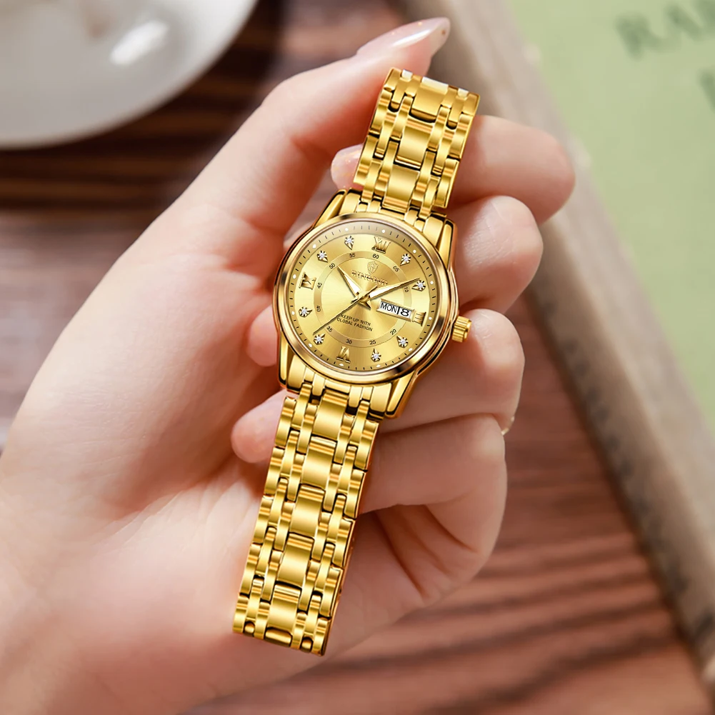 BINBOND Women's Watches 5176L Luxury Gold Fashion Original Quartz Watch for Lady Waterproof Luminous Date Week Stainless Steel