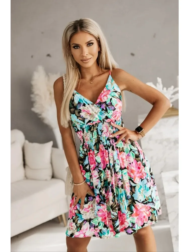 Nova moda feminina envoltório vestidos plissados senhoras floral impressão sexy cinta de espaguete estilingue vestido de praia uma linha vestido de verão