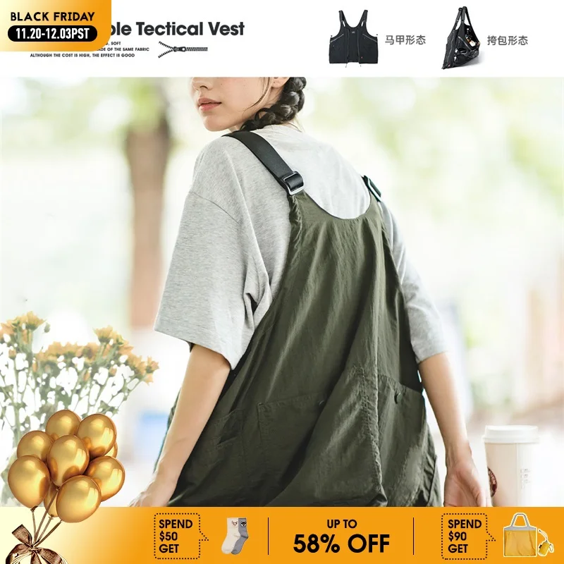 

Maden Women's Japanese Retro Multi-Pocket Nylon Vest Outdoor Dual Purpose Satchel Jacket Lightweight Deformable Tectical Vest